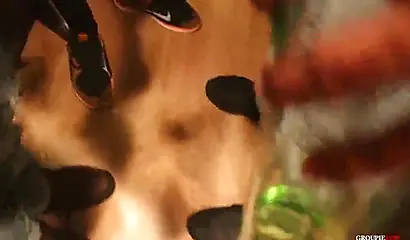 Hot amateur babes get pounded in interracial group sex action