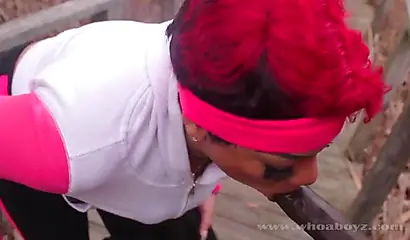 Curvy ebony Cali Kush gives outdoor head and fucks a BBC