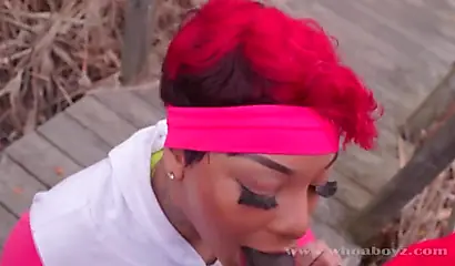 Curvy ebony Cali Kush gives outdoor head and fucks a BBC