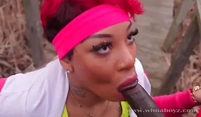 Curvy ebony Cali Kush gives outdoor head and fucks a BBC