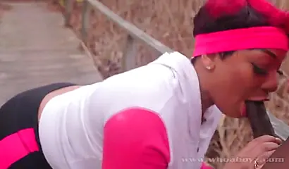 Curvy ebony Cali Kush gives outdoor head and fucks a BBC