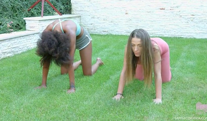 Petite ebony Luna Corazon & her classmate fuck in a 69 in the back yard