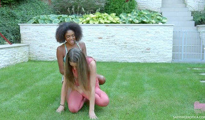 Petite ebony Luna Corazon & her classmate fuck in a 69 in the back yard