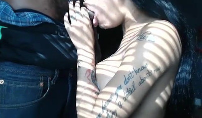 Busty tattooed ebony gives a hot BJ and swallows cum