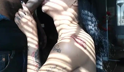 Busty tattooed ebony gives a hot BJ and swallows cum