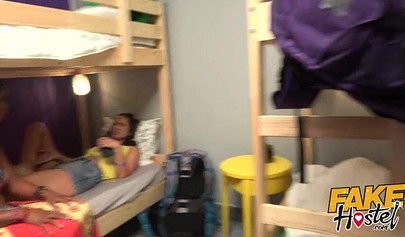 Busty ebony roommates Claudia Bavel & Lola Marie get fucked in a hostel threesome