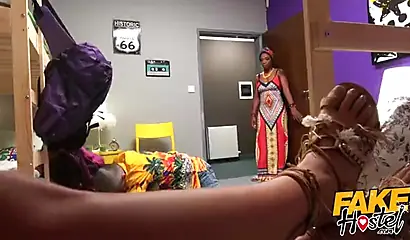 Busty ebony roommates Claudia Bavel & Lola Marie get fucked in a hostel threesome