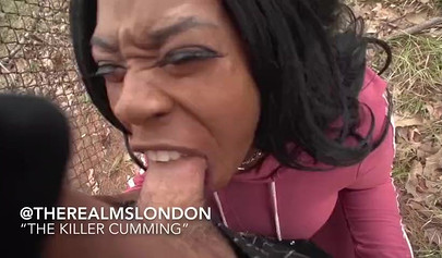 Curvaceous ebony shows her cock sucking & fucking skills in public