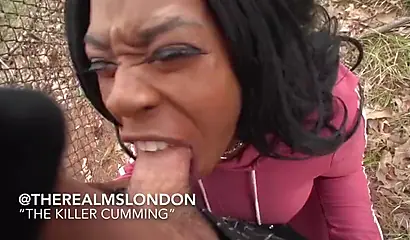 Curvaceous ebony shows her cock sucking & fucking skills in public