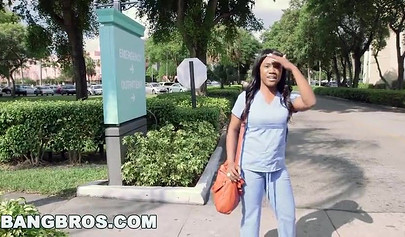 Amateur ebony nurse gets stripped and fucked on the van