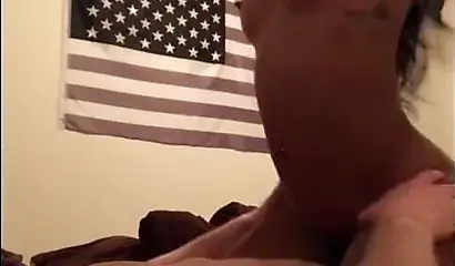 Slender black teen rides her snatch on a white meat pole