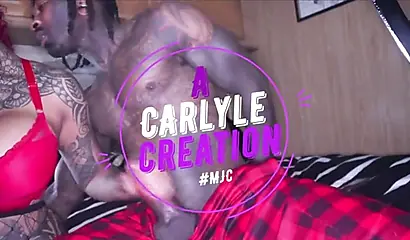 Inked ebony in fishnet pantyhose gets screwed by a strong dude