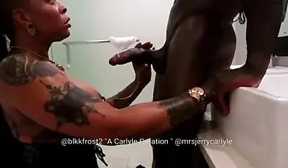 Curvy tattooed ebony gets bent over the bathroom sink and fucked doggystyle