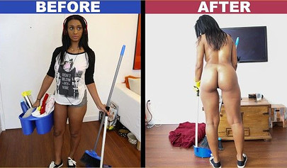 Busty ebony maid Arianna Knight blows and rides her boss's white dick