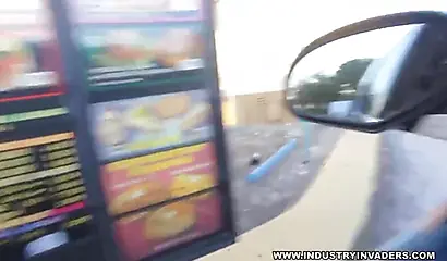 Curvy fast food worker Jayla Foxx bangs a client's black shaft