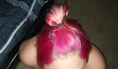 Busty pink-haired ebony fucks & massages a dick in POV