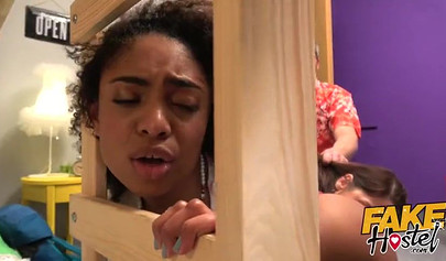 Ebony Luna Corazon & her roommate get fucked by a hostel owner