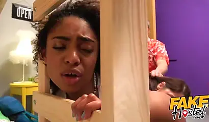 Ebony Luna Corazon & her roommate get fucked by a hostel owner