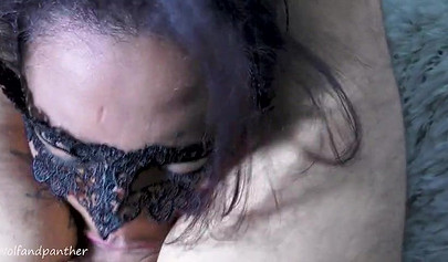 Masked ebony gets her face & throat fucked by a white sausage