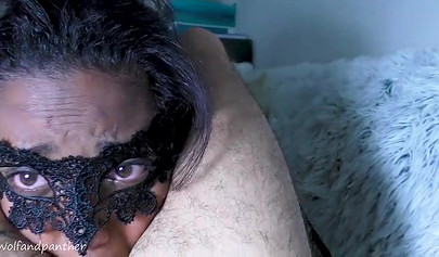 Masked ebony gets her face & throat fucked by a white sausage