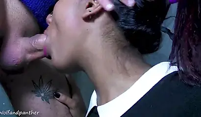 Masked ebony gets her face & throat fucked by a white sausage