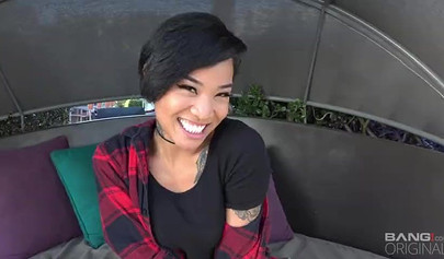 Sultry ebony teen Honey Gold sucks and bangs white meat pole