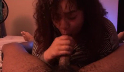 Curvy ebony sucks my huge dick and sits on it