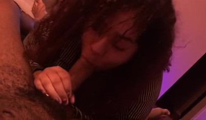 Curvy ebony sucks my huge dick and sits on it