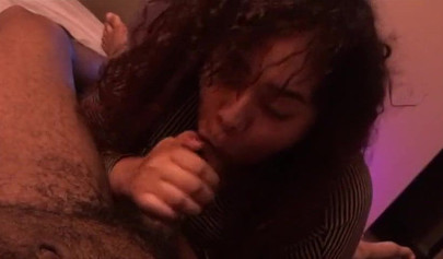 Curvy ebony sucks my huge dick and sits on it