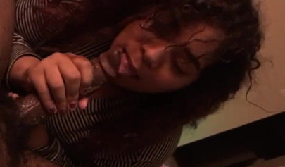 Curvy ebony sucks my huge dick and sits on it