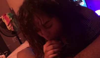 Curvy ebony sucks my huge dick and sits on it