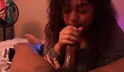 Curvy ebony sucks my huge dick and sits on it