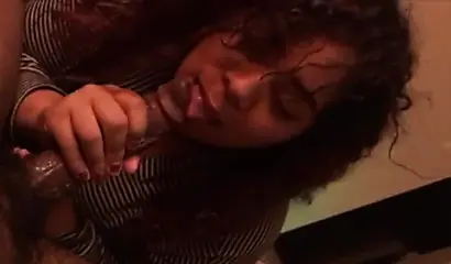 Curvy ebony sucks my huge dick and sits on it