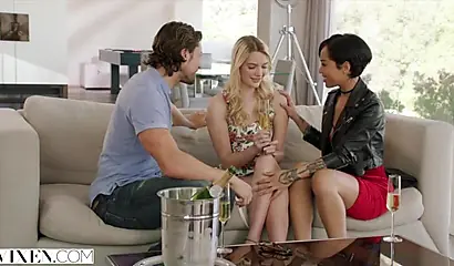 Ebony babe Honey Gold joins a white couple Jean Val Jean & Kenna James in a threesome