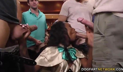 Black beauty Sarah Banks sucks multiple white dicks at once