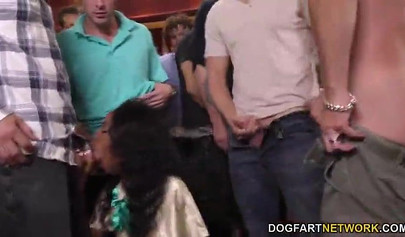 Black beauty Sarah Banks sucks multiple white dicks at once