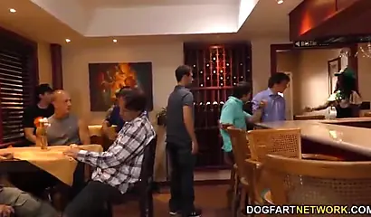 Black beauty Sarah Banks sucks multiple white dicks at once