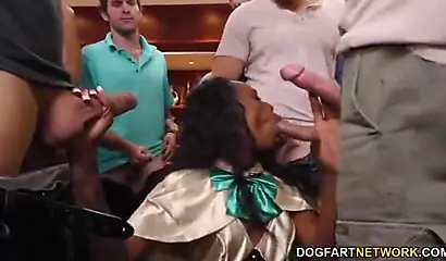 Black beauty Sarah Banks sucks multiple white dicks at once