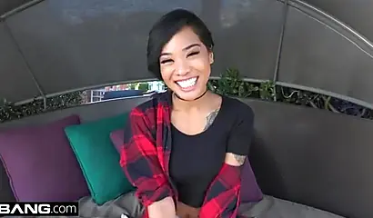 Inked ebony Honey Gold masturbates & fucks a throbbing dick