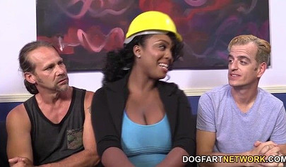 Ebony construction worker Layton Benton gets gangbanged by her colleagues