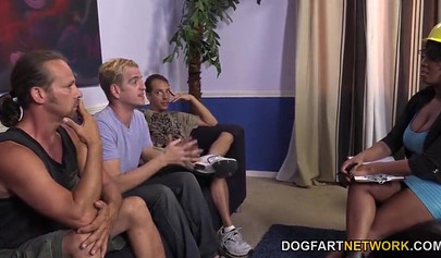 Ebony construction worker Layton Benton gets gangbanged by her colleagues