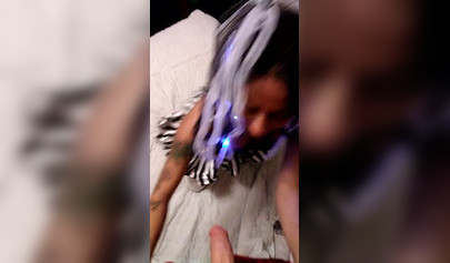 Insatiable ebony masturbates before sucking a white penis