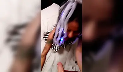 Insatiable ebony masturbates before sucking a white penis