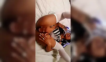 Insatiable ebony masturbates before sucking a white penis