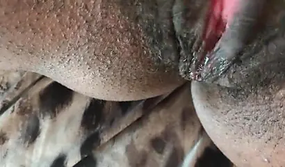 Slutty ebony rubbing her hairy muff up close