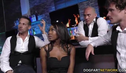 Beautiful ebony Nadia Jay gets demolished in a gangbang