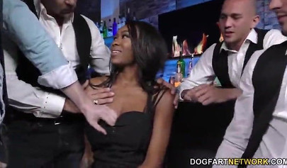 Beautiful ebony Nadia Jay gets demolished in a gangbang