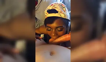 Cute Afro-American babe sucking my white dick in POV