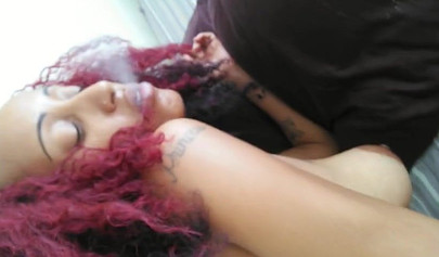 Tattooed ebony gets her snatch fingered and dicked up close