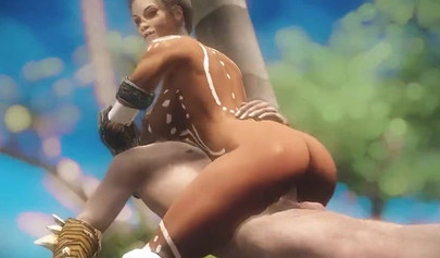 Busty anime ebony gets boned outdoors by a monster